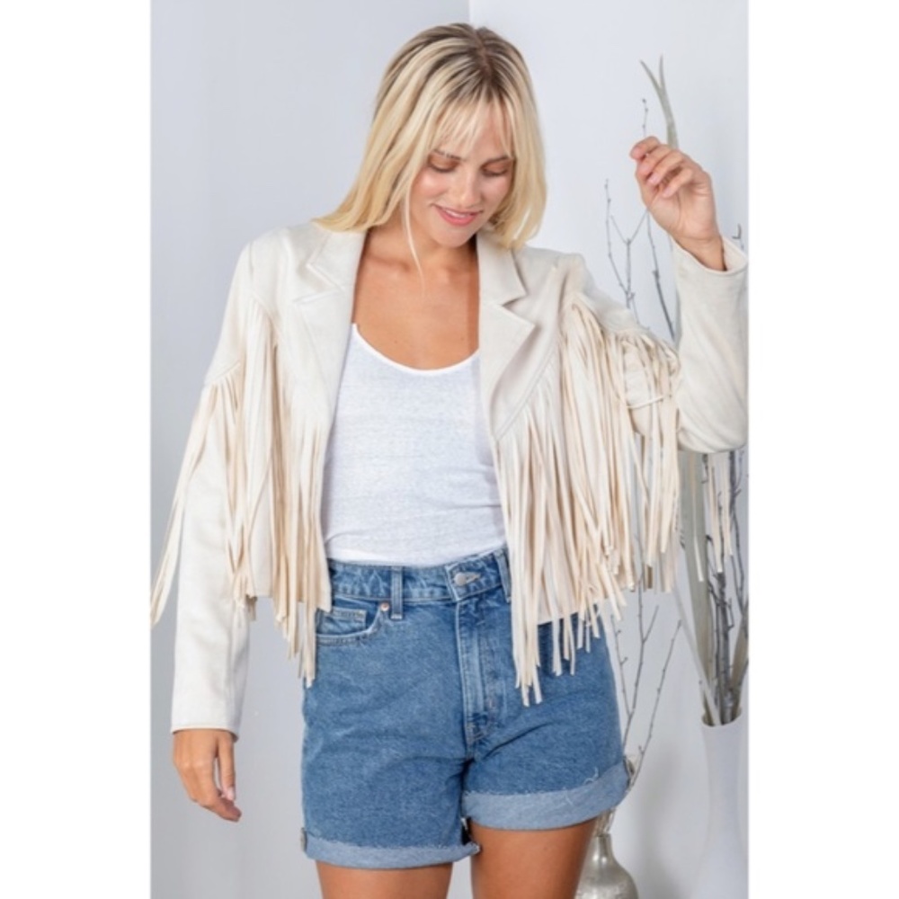 SOLD OUT Ivory Faux Leather Suede Fringe Cropped Western Boho Moto Jacket - Picture 7 of 9